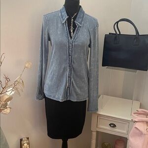 Mystree Distressed Faux Denim Blue Top